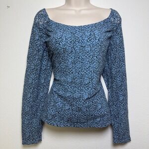 Women Off the Shoulder Mesh Top Large Blue Floral Lace Grungge Whimsigoth